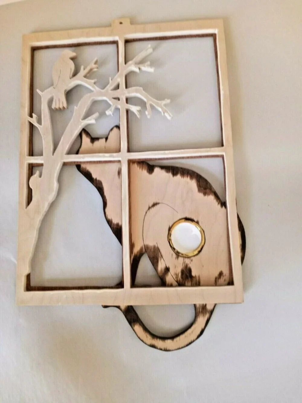 Handmade Wood Cat & Bird Wall Plaque Picture Frame Rustic Decor Artisan Design